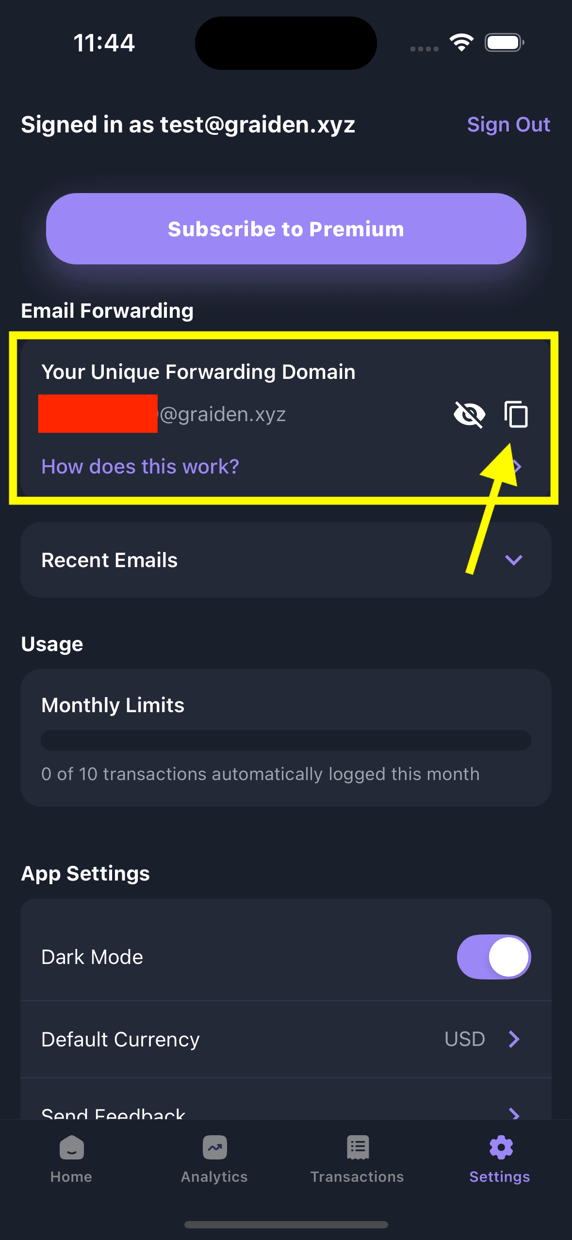 Profile page showing forwarding address