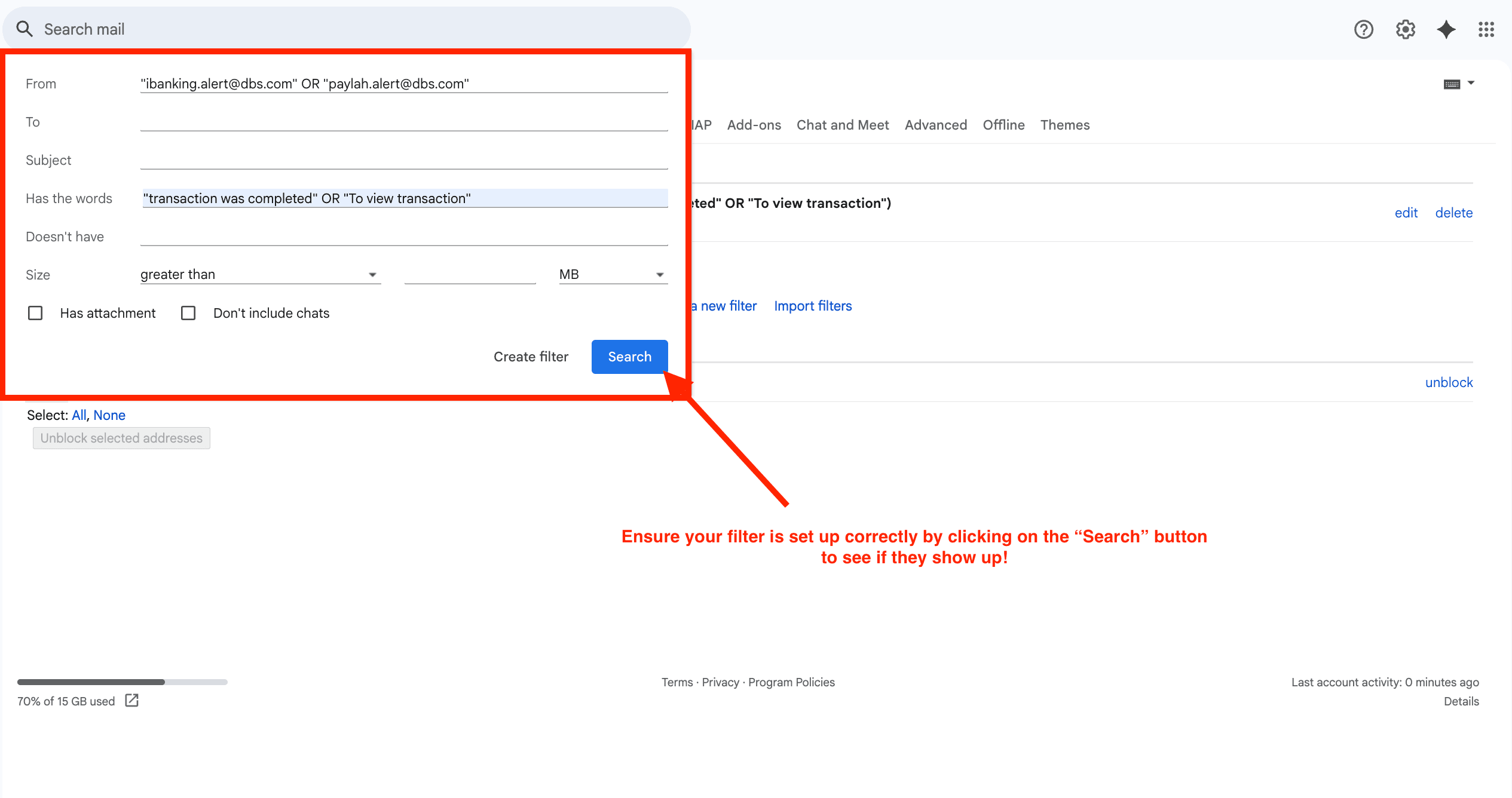 Filters and Blocked Addresses tab